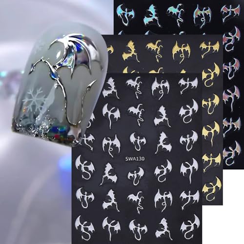 Halloween Nail Stickers for Nail Art Metallic Bat & Dragon Decals 6 Sheets