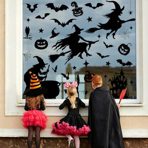 Halloween Witch Bat Window Clings Set - Castle Variation, Large Spooky Decorations
