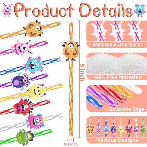 Reusable Monster Drinking Straws Set - 24 Colorful Kid & Party Favours
