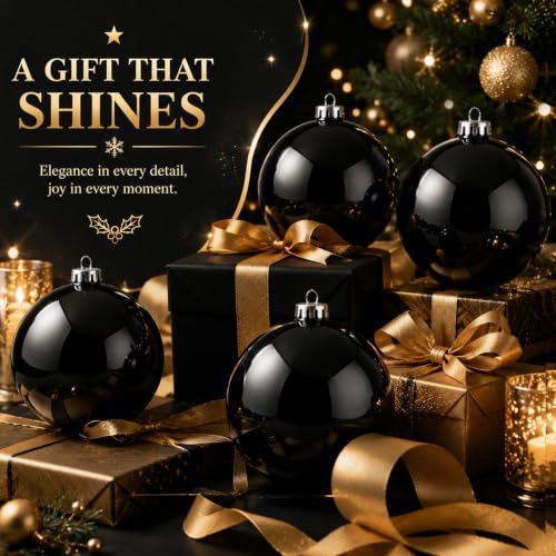 Large Black Christmas Ornaments Balls - 6 Inches Holiday Tree Decor - Set of 6
