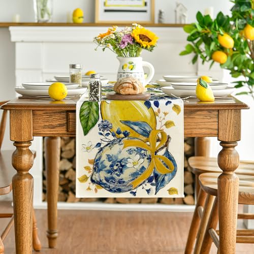 13x60 Inch Summer Table Runner - Chinoiserie Lemon Flowers Beige Polyester