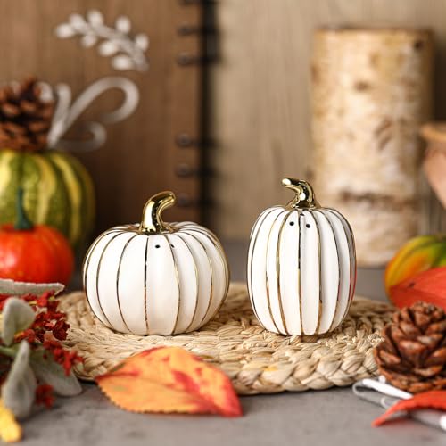 Fall Pumpkin Salt and Pepper Shakers Set - White and Gold, Ceramic, 3 Inch