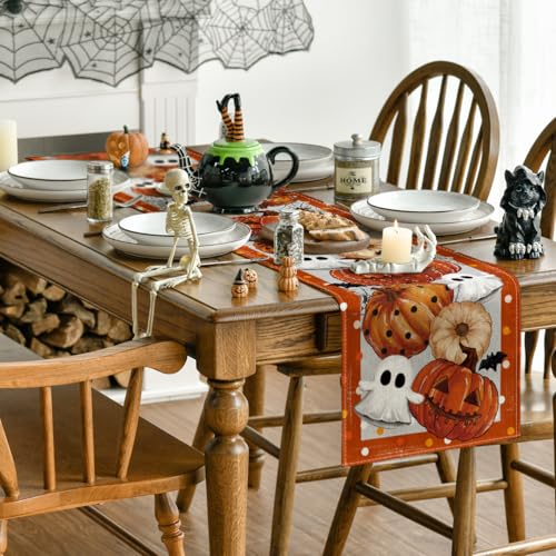 Halloween Table Runner 13x72 Inch Orange Beige Durable Polyester Home Decor