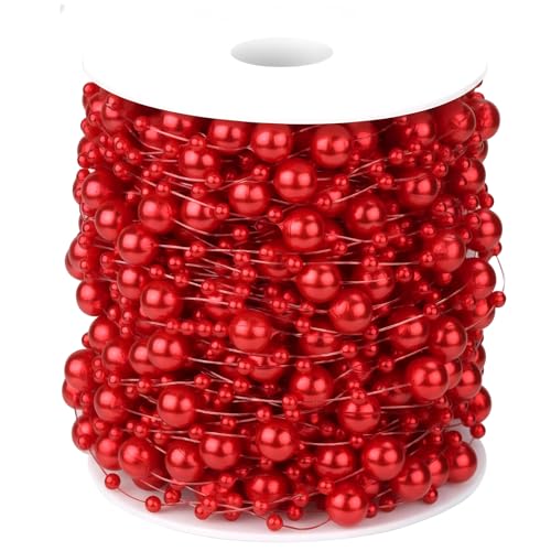 Artificial Pearl Beads Garland for Christmas Tree & Wedding Decor - Red, 99 Feet
