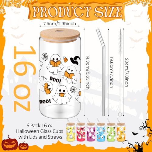 6 Pcs Halloween Glass Cups with Bamboo Lids & Straws - White, 16 Oz Set
