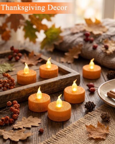 Orange Glitter Tea Lights Candles with Timer - 12PCS Flameless Flickering Lights