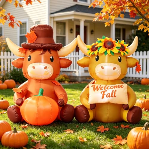 Fall Inflatable Highland Cow Couple with Pumpkin & Welcome Sign - 6 FT Outdoor Decor - Variation: Highland Cow