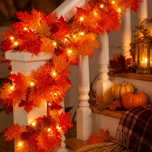9FT Plug-in Fall Garland with 50 Orange Incandescent Lights - Connectable Indoor Outdoor Decor - 1 Pack