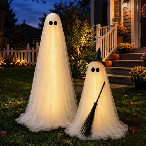 Large Ghost Halloween Outdoor Decoration with Light-Up Spooky Broom - 2 Pack