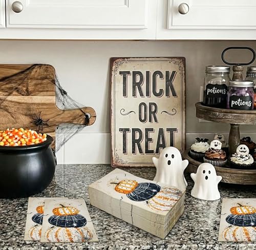 Halloween Guest Napkins Set - 100 Assorted Pumpkin, Bat & Web Designs, Disposable Party Tableware
