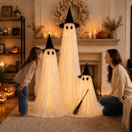 Halloween Outdoor Lighted Ghost Family 3 Pack - L+M+S with Timer & Remote