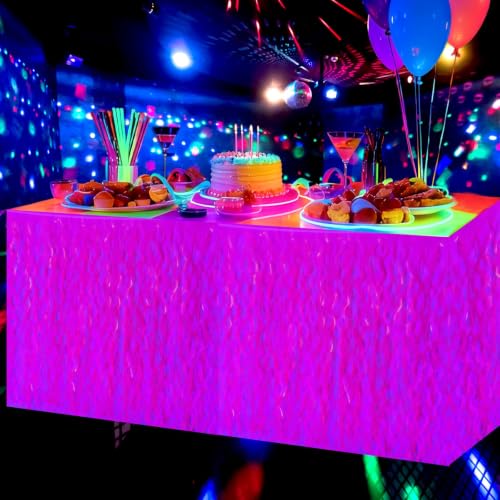 Fuchsia Glow in The Dark Party Table Skirts 2 Pack - Neon Wavy Metallic Tinsel Decorations