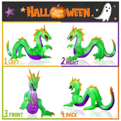 Giant Green Halloween Inflatable Dragon - 11ft Outdoor Yard Decorations with LED Lights