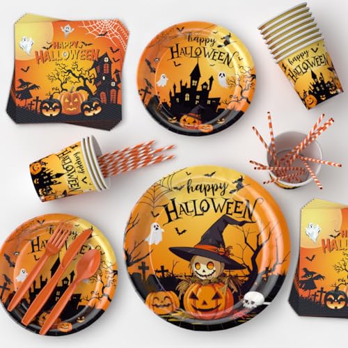 Halloween Party Supplies Plates Cups Spoons Forks Tablecloth Banner 24 Pieces - Halloween Style