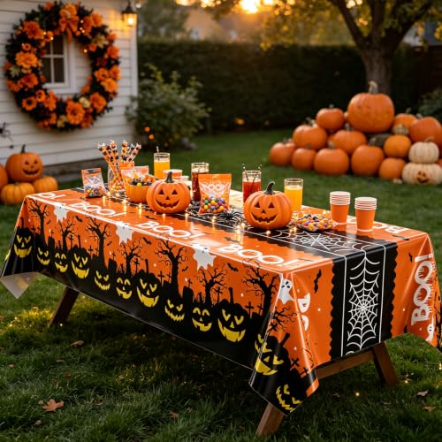 Pumpkin Ghost Boo Halloween Tablecloth 3 Pack 54x108 Inch Leakproof Plastic Covers