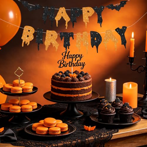 Halloween Banner Decorations - Glitter Happy Birthday Banner with Dripping Blood & Bat Design - Black & Orange - No DIY