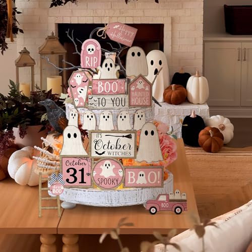 Halloween Wooden Tiered Tray Decorations Set Ghost Pink White - MiniInflat