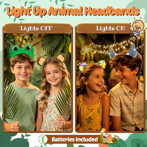 Kids & Adult Jungle Animal Ears Headbands with Lights - 12 Pack