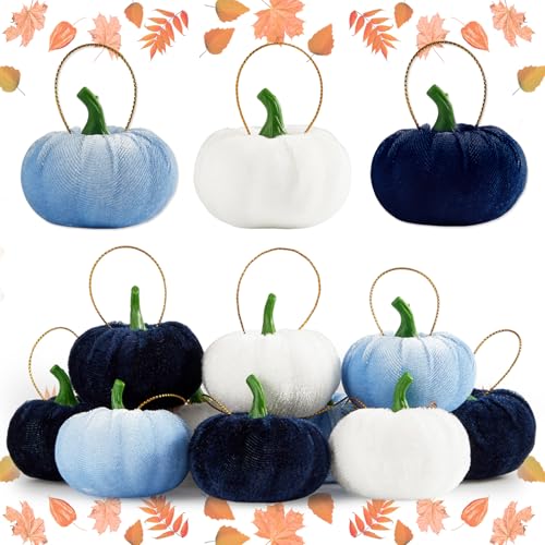 Blue Velvet Fall Pumpkin Hanging Ornaments - 16 Pcs Thanksgiving Decor