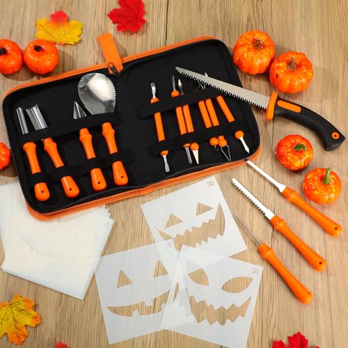Halloween Pumpkin Carving Kit with 13 Heavy Duty Stainless Steel Tools & 20 Templates
