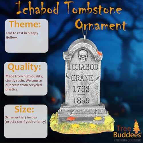Halloween Tombstone Ornament with Ichabod Crane - Spooky Graveyard Decor