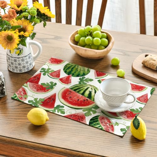 Watermelon Fruit Summer Placemats Set of 4 - 12x18 Inch Rectangular Red Table Mats for Dining & Party