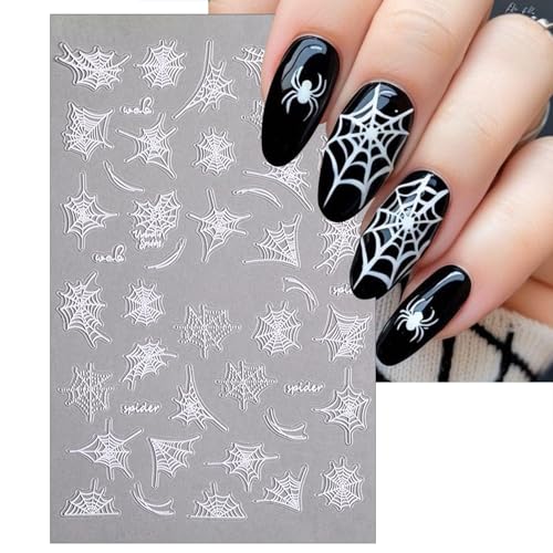 Halloween Nail Stickers - White Black Spider Web Self-Adhesive Decals for Nail Art, 4 Sheets, Scary Design, Spider Variation