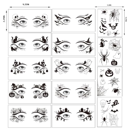 Halloween Eye Tattoos Set with Skull Spider Web Bats Face Stickers for Adults & Kids