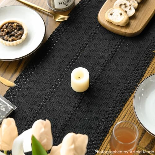 Black Woven Farmhouse Table Runner 12x72 Inch - Durable Cotton Polyester Decor