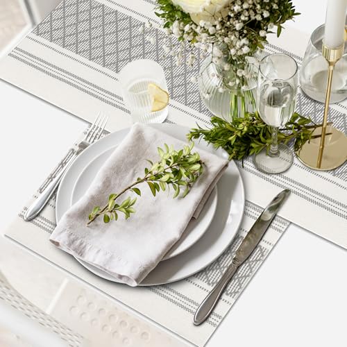 ADRIMER Boho Table Runner & Placemats Set of 6 - Grey & White, Rectangular, 72 Inch