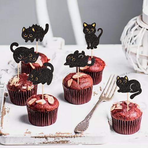 Cat Cupcake Toppers Black Glitter Silhouette 24Pcs - Variation Cat-3