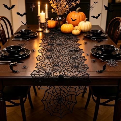 Halloween Spider Web Lace Table Runner for Dining & Decor - Black, 18x72 Inches
