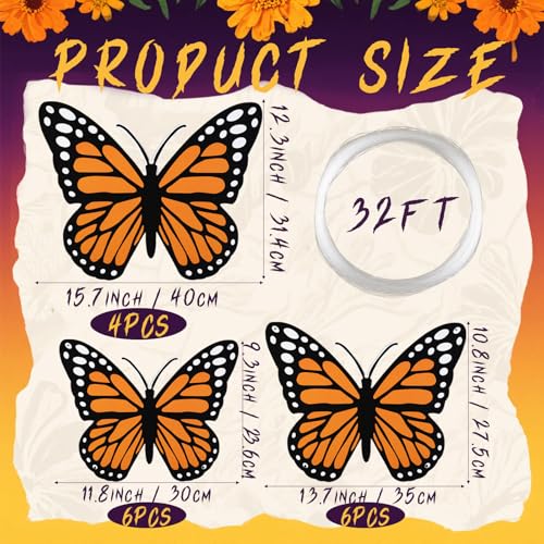 Large Artificial Monarch Butterfly Decorations Set - 16 Pcs with String for Events & Holiday Decor