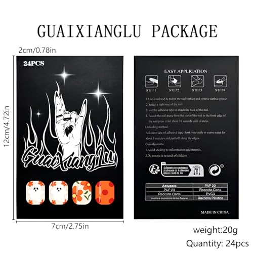 Halloween Press-On Nails Short Square Fake Nails Pumpkin Ghost with Flower Design - Orange Candy Variation 24Pcs