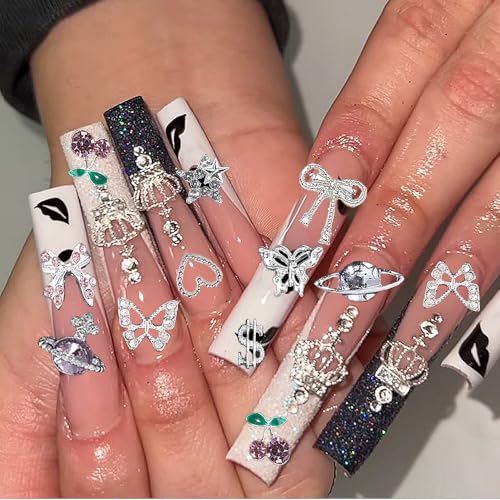 120 Pcs Silver Gold Nail Charms for Nail Art 3D Butterfly Cherry Star Heart & Cross Design