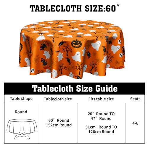 Halloween Round Tablecloth 60 Inch - Fall Pumpkin & Ghost Design for Party & Dining