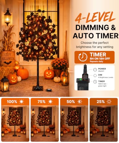 5FT Halloween Lighted Tree with Skull & Skeleton Decor, Dimmer & Timer