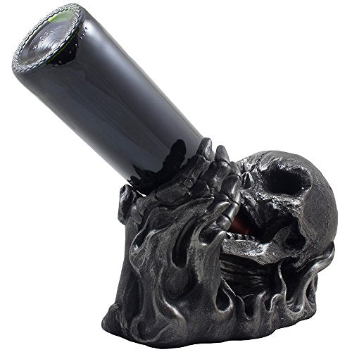 Skull Wine Bottle Holder Statue - Gothic Skeleton Bar Decor for Halloween & Man Cave