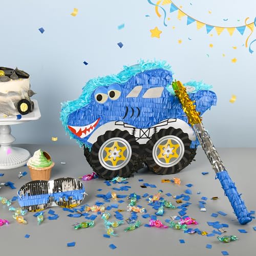 Small Shark Pinata - Blue Black with Blindfold, Bat & Confetti for Birthday Parties - Shark Themed Decor