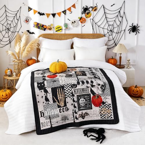 Grey Halloween Throw Blanket 50x60 Pumpkin Spider Ghost Pattern Soft Quilt