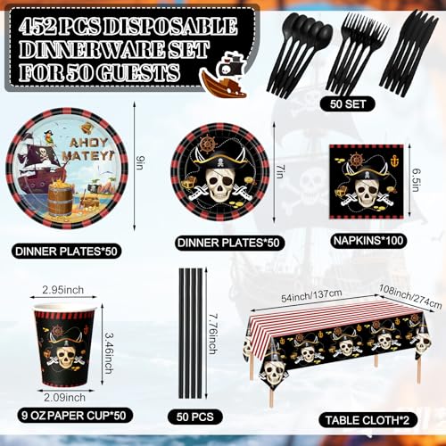 Pirate Party Plates Napkins Cups Cutlery Set for 50 Guests - Red Black Variation