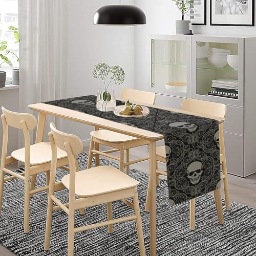 AAVEUP Gothic Skull Table Runner W13X L60 Black Halloween Damask Geometric