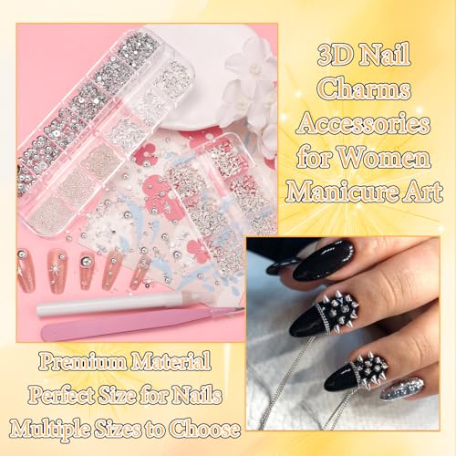 Silver Gothic Nail Studs & Pearl Set with Chain Cone Rivets - S2 Silver Pearls