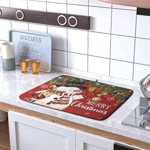 Christmas Snowman Dish Drying Mat 18x24 Inch - Reversible Absorbent Microfiber Kitchen Counter Pad
