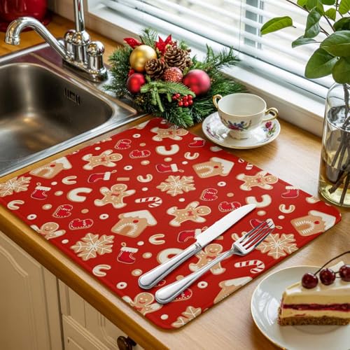 Christmas Gingerbread Man Dish Drying Mat - Absorbent Microfiber, 24 x 18 Inches, Red Snowflake Design - Holiday Kitchen Decor