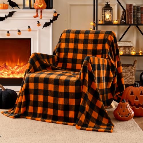 Halloween Throw Blanket - Buffalo Plaid Pattern, Orange & Black, 50x60 Inches - Fall & Holiday Home Decor