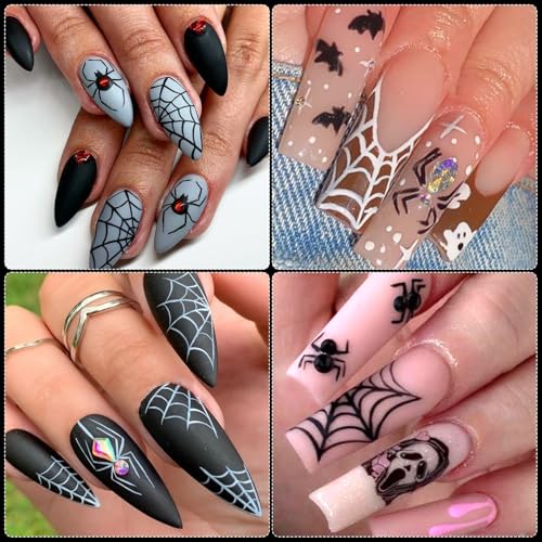 Halloween Nail Art Stickers - Silver Glitter Spider & Web Decals, 6 Sheets