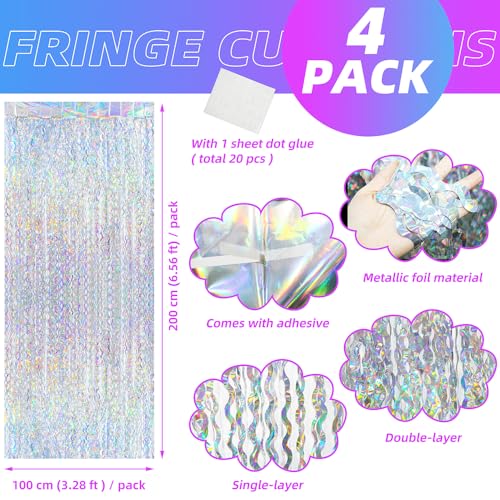 Silver Wave Fringe Curtain Streamer 4 Pack - Metallic Tinsel Backdrop for Parties