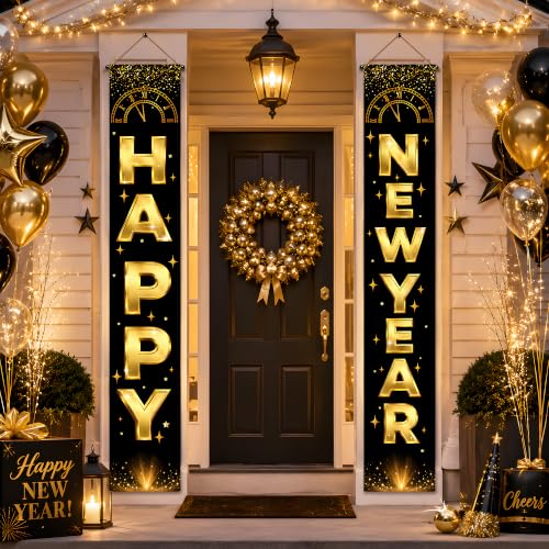 Black Gold New Year Porch Banner - Happy New Year Decorations 2027