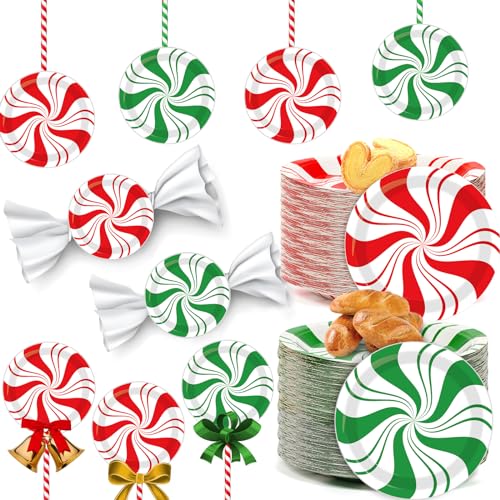 80Pcs Christmas Peppermint Paper Plates - Disposable 7 Inch Holiday Dessert Dinnerware Set - Red & Green Striped Party Supplies - Peppermint Candy Variation